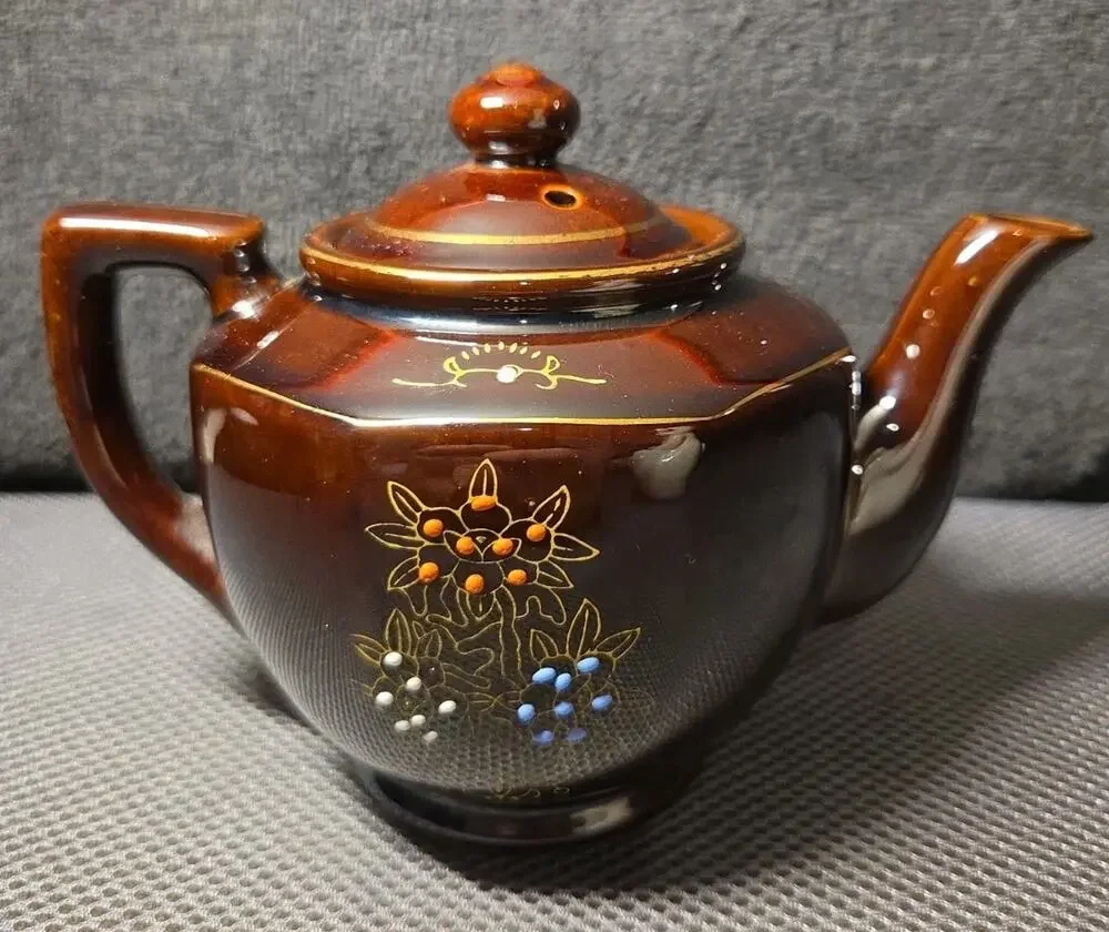 Vintage Brown Betty Redware Teapot Moriage Enamel Hand Painted Japan GUC MCM
